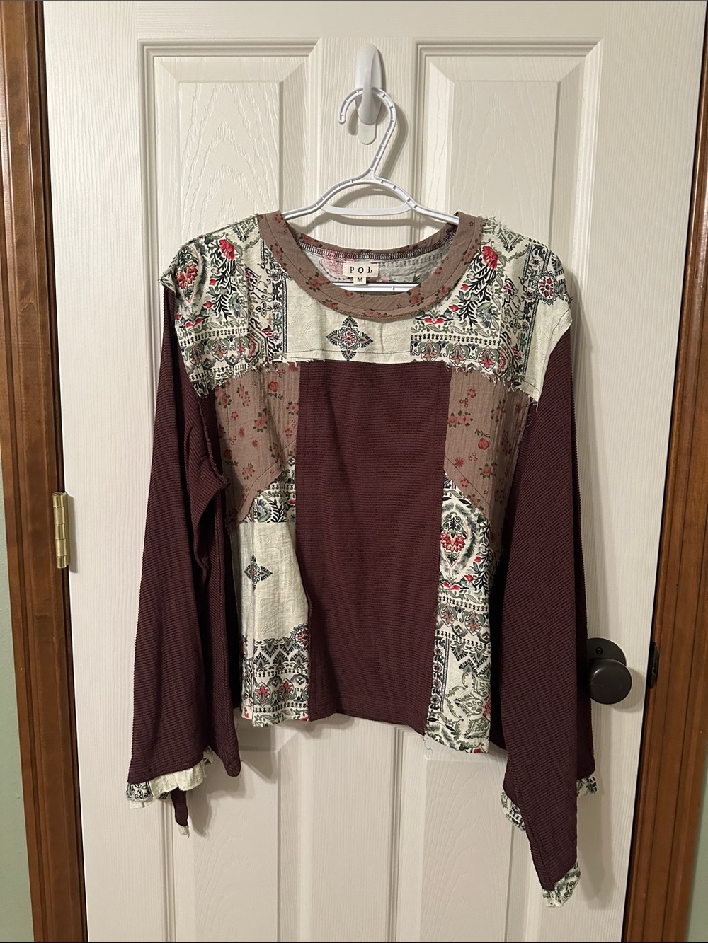 POL Burgundy & Cream Patchwork Long-Sleeve Top